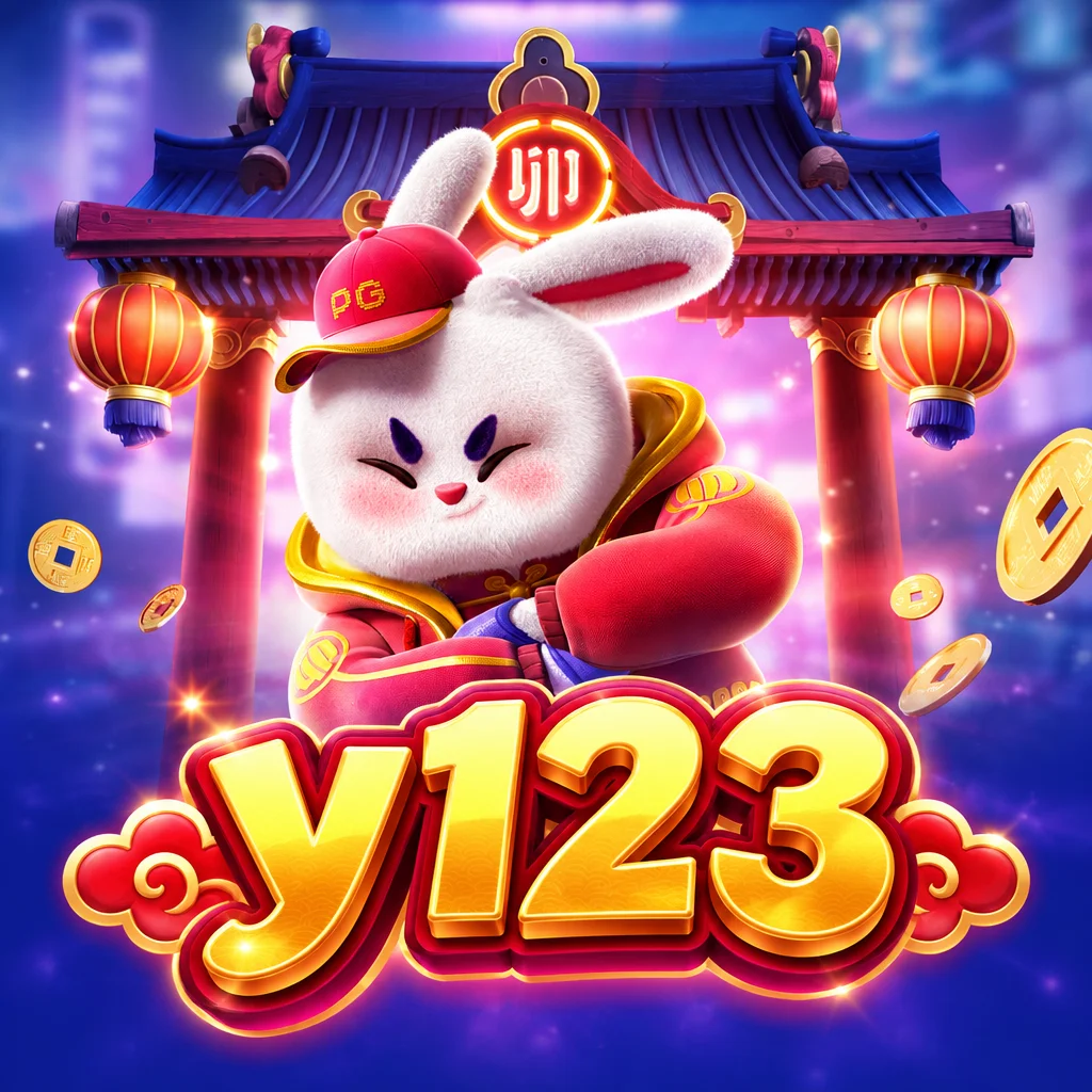 y123 Fortune Rabbit dengan karakter kelinci bertopi merah di depan gerbang berhias lampion