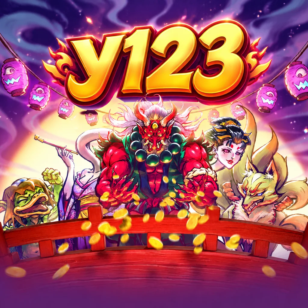 y123 Spirit Wonder menampilkan karakter oni merah dan yokai di atas jembatan berlatar lampion